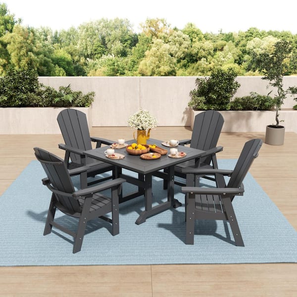 WESTIN OUTDOOR Laguna Outdoor Patio Adirondack Weather Resistant Gray 5-Piece HDPE Plastic Square Table Dining Set