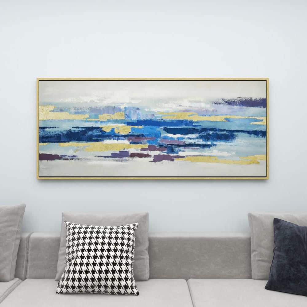 Large Blue and Gold Abstract Canvas Art with Gold Frame