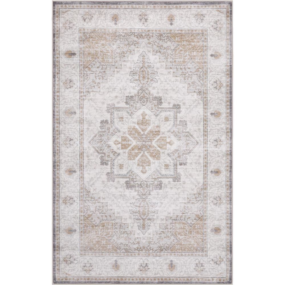 Eleanor Vintage Medallion Border Machine-Washable Cream/Beige 4 ft. x 6 ft. Area Rug price history on PriceWatchPro