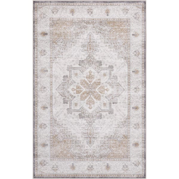 Eleanor Vintage Medallion Border Machine-Washable Cream/Beige 5 ft. x 8 ft. Area Rug