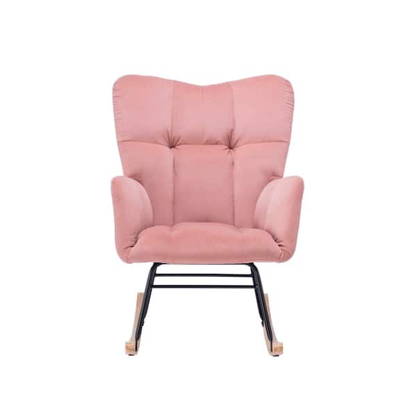 Z-joyee Pink Velvet Tufted Upholstered Mid Century Modern Rocking Chair Padded Seat