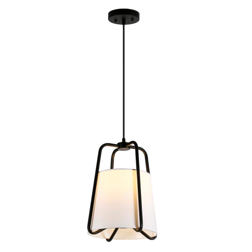 11" Blackened Bronze and White Fabric Drum Pendant Light