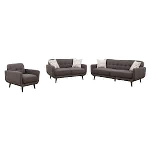 Crystal Upholstered Mid-Century 3-Piece Charcoal Living Room Set with 4-Accent Pillows