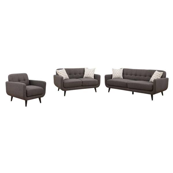 AC Pacific Crystal Upholstered Mid-Century 3-Piece Charcoal Living Room Set with 4-Accent Pillows