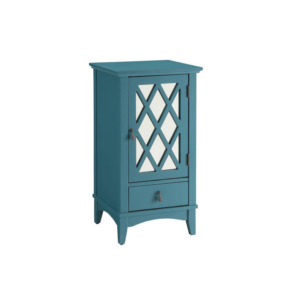 Teal Mirrored Glass Door Accent Table with Storage