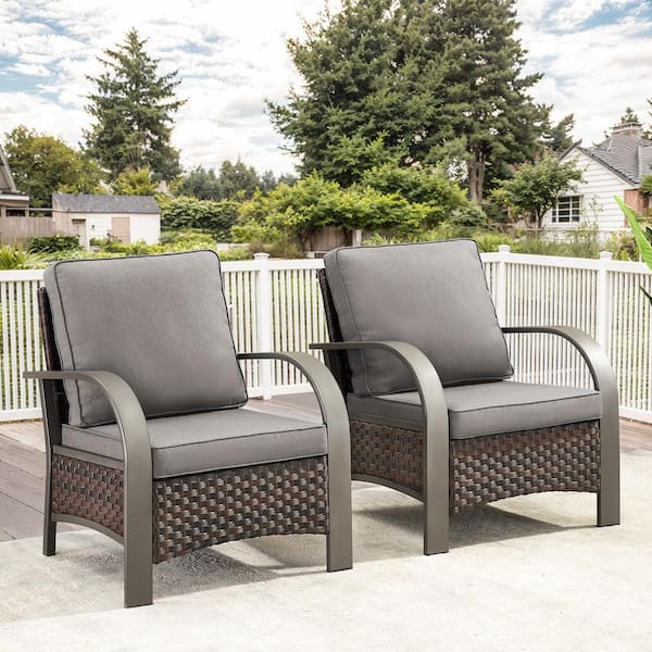 Opohoro Brown Metal Armrests Wicker Outdoor Lounge Chair, Rattan Armchair with Gray Cushions for Patio Porch (2-Pack)