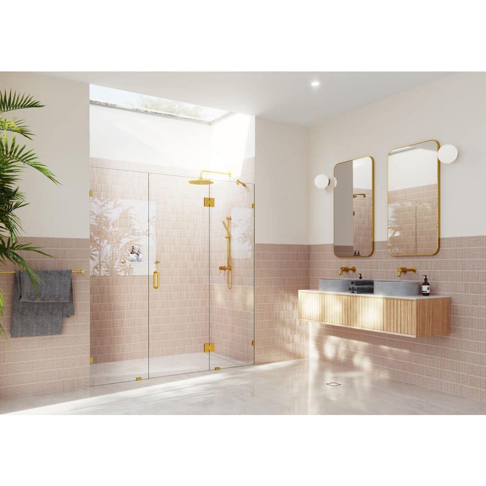 Stellar 73.25 in. W x 78 in. H Glass Hinged Pivot Frameless 3-Panel Inline Shower Door in Satin Brass price history on PriceWatchPro