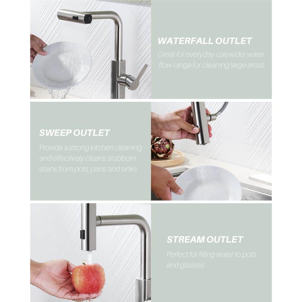 Brushed Nickel Stainless Steel Pull Down Kitchen Faucet with 3-Mode Sprayer