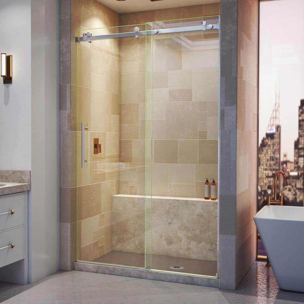 Polished Stainless Steel Frameless Sliding Shower Door with Clear Glass