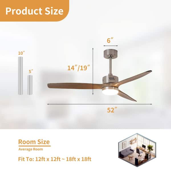 52 in. Integrated LED Indoor Nickel Downrod Outdoor Standard Ceiling Fan with Grey Oak Blades, Dimmable Light,Remote