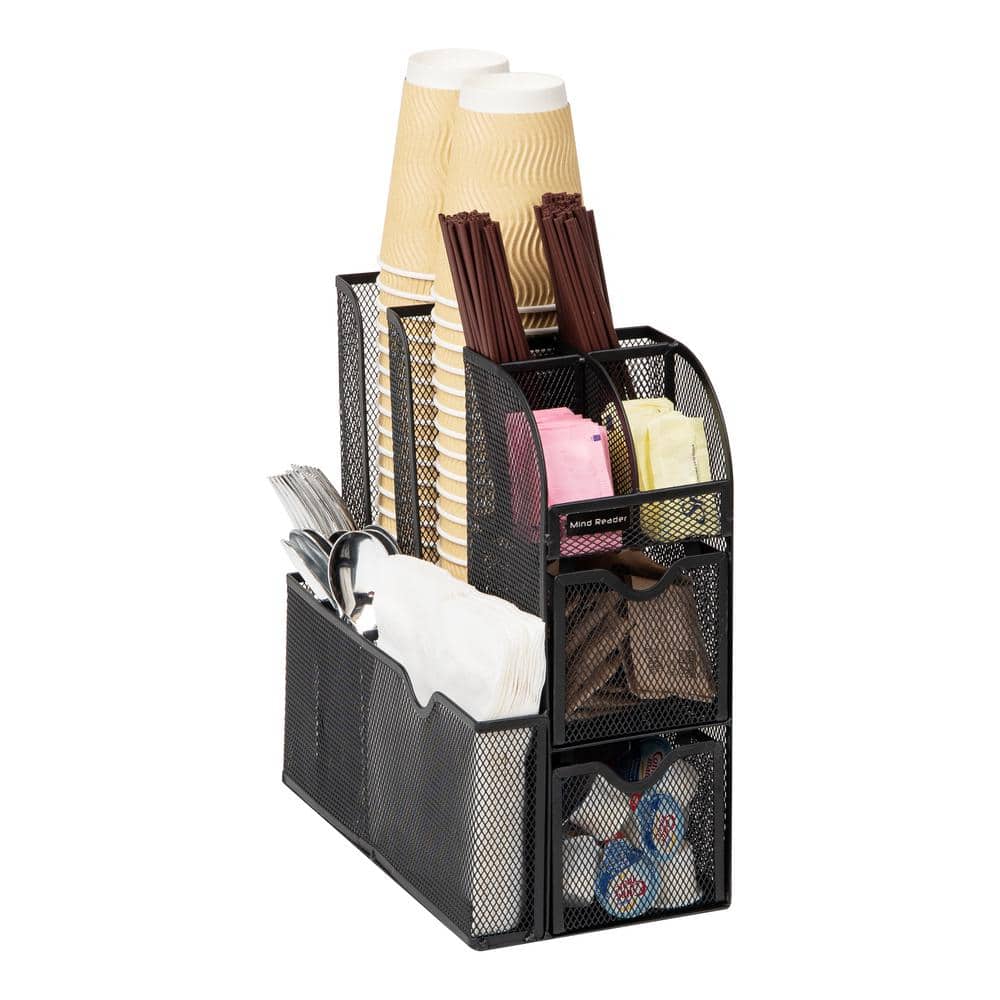 Mind Reader 6 Compartment Upright Breakroom Coffee Condiment and Cup  Storage Organizer, Black Metal Mesh