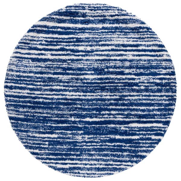 Rumi Shag 7 ft. x 7 ft. Navy/Ivory Abstract Striped Round Area Rug