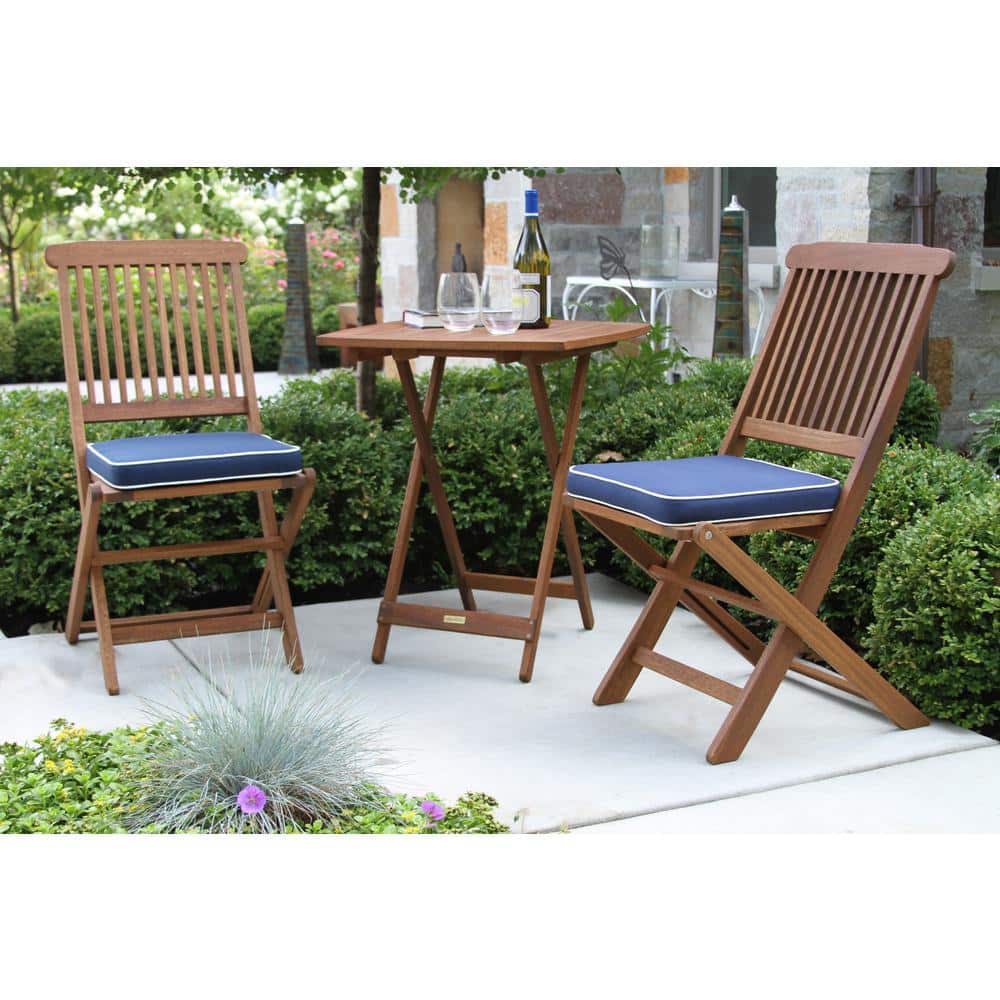 Eucalyptus Wood 3-Piece Foldable Bistro Set with Blue Cushions