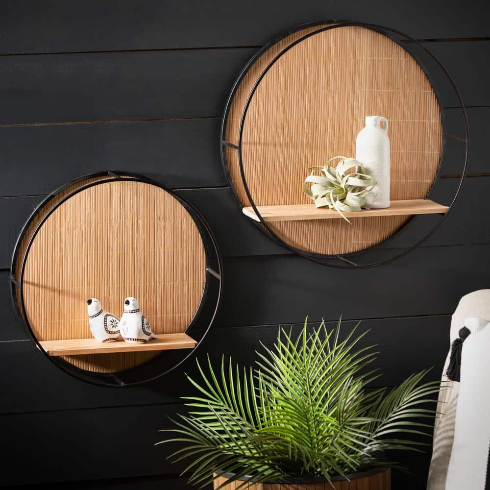 Black Metal and Wood Circular Wall Shelves - Set of 2