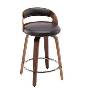 24.8 in. Seat Height Black Faux Leather Modern Barrel Swivel Counter Stool with Round Metal Kickplate