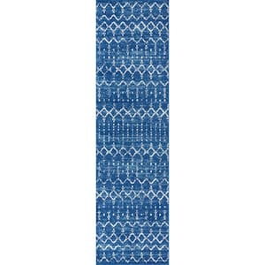 Moroccan Hype Boho Vintage Diamond Blue/White 2 ft. x 10 ft. Runner Rug