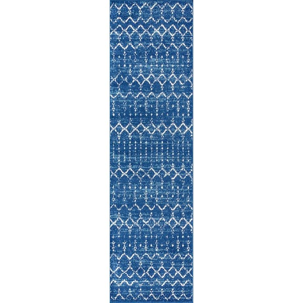 Moroccan Hype Boho Vintage Diamond Blue/White 2 ft. x 10 ft. Runner Rug