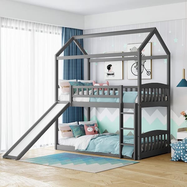 GOJANE Gray Twin Over Twin House Bunk Bed with Slide
