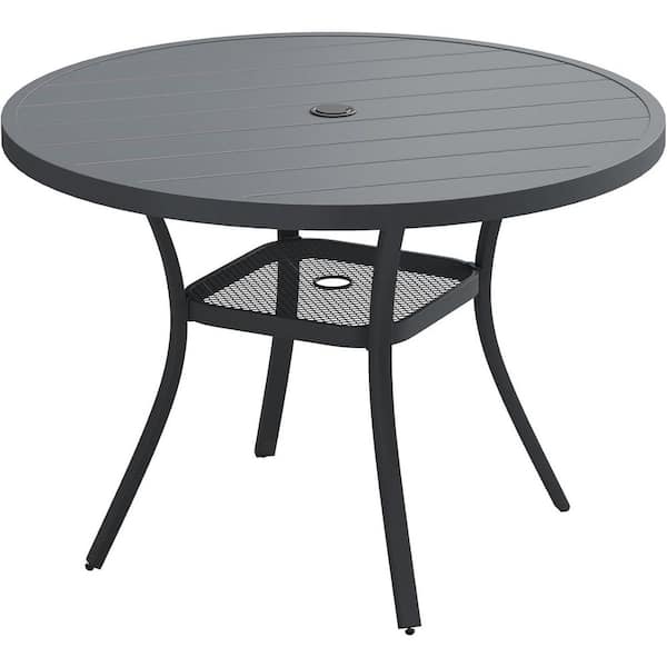 47.2 in. Round Metal Outdoor Dining Table with Umbrella Hole and Storage Shelf in Dark Gray