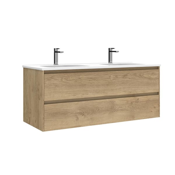 WS Bath Collections Perla 47.6 in. W x 18.1 in. D x 19.5 in. H Double Sink Wall Mounted Bath Vanity in Natural Oak with White Ceramic Top