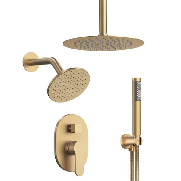 ClassicRain Multifunction 3-Spray Round High Pressure 10 and 6 in. Dual Shower Heads with Handheld in Brushed Gold