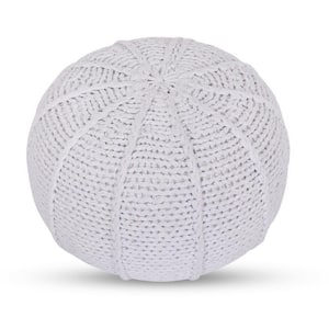 Aeris White Upholstered Cotton Yarn Round Hand-knitted Pouf