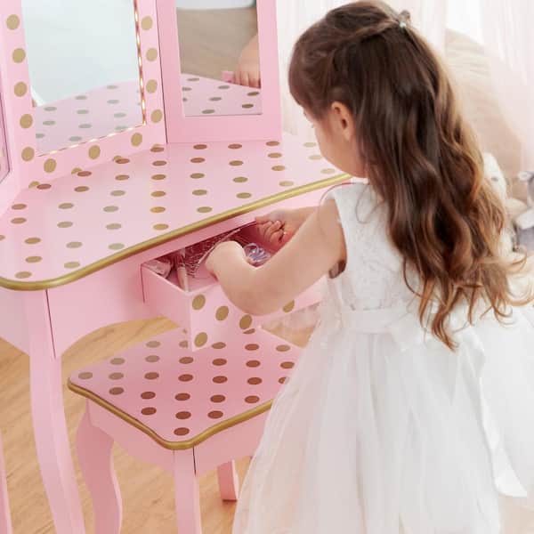 Home TD-11670LL Dot Fantasy - LED Fields Depot Set - Prints Gisele Vanity Pink/Rose with Kids Teamson Light Gold Polka Mirror Fashion Play The