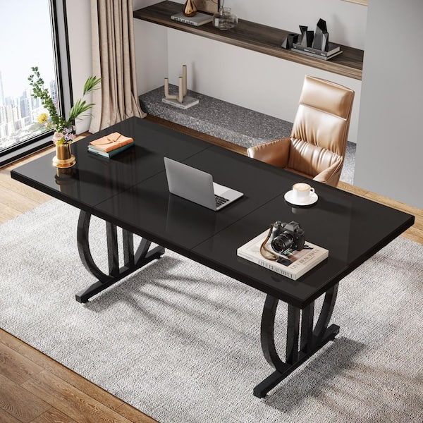 63 in. Rectangular Black Wood Computer Desk with Metal Frame, Modern Study Writing Desk with Storage for Home Office