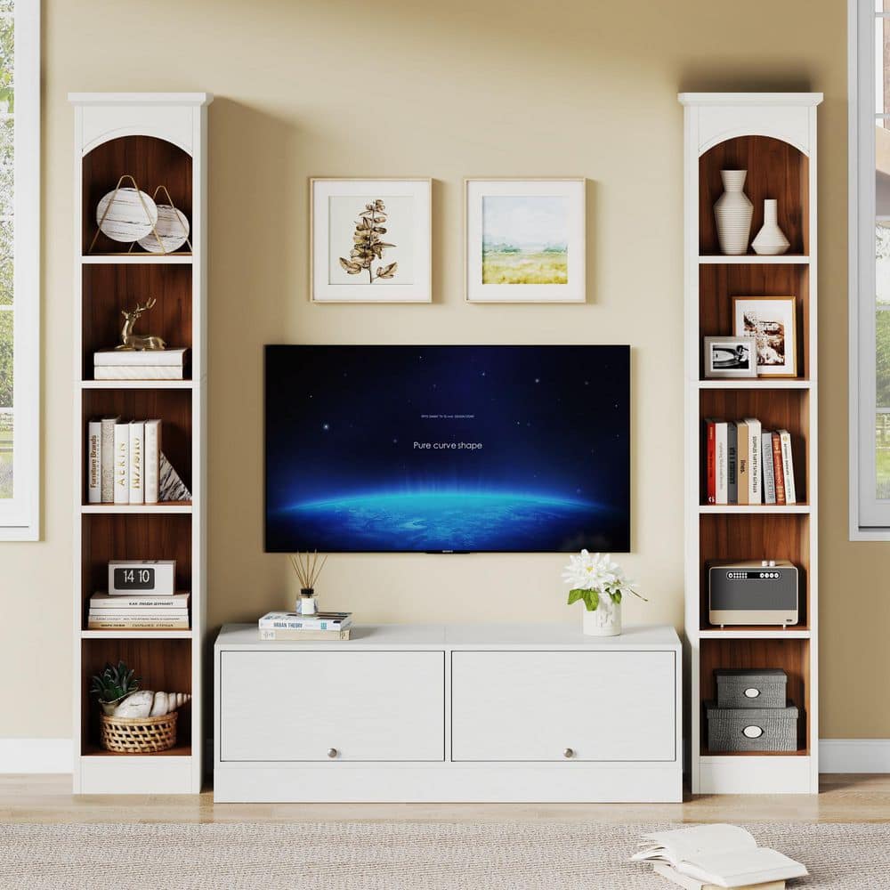 71 in. Tall Walnut and White Engineered Wood 5-Shelf Narrow Bookcase, Bookshelf with Storage for Home Office Living Room
