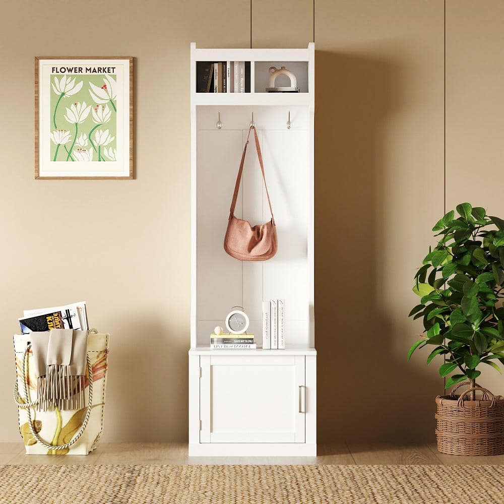 Slim Hall Tree with Cabinet and 6 Hanging Hooks, Storage Bench with Coat Ra