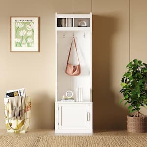 Slim Hall Tree with Cabinet and 6 Hanging Hooks, Storage Bench with Coat Rack, Foyer Cabinet for Hallway, White