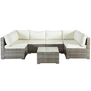 7-Piece Gray PE Wicker Patio Conversation Set with White Cushions for Garden, Backyard, Balcony, Lawn, Seats 6-Person