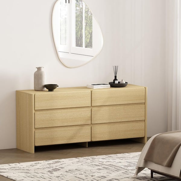 Linda Natural Oak 6-Drawer 72 in. Wide Modern Double Dresser
