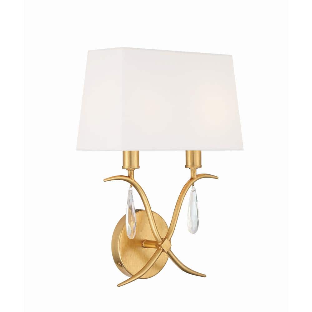 Antique Gold 2-Light Sconce with White Silk Shade