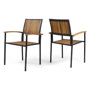 2-Piece Metal And Wood Outdoor Dining Chair in Black And Brown