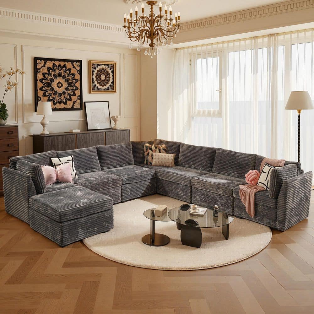 CUKE 127 in. Wide 8-Piece Modern Deep Seat Plush Corduroy L-Shape Modular Sectional Sofa Couch in Gray with Ottoman price history on PriceWatchPro
