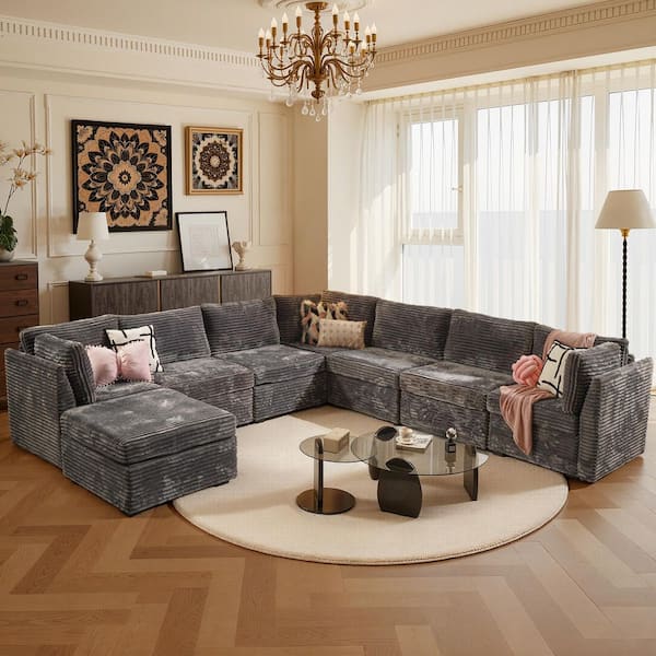 CUKE 127 in. Wide 8-Piece Modern Deep Seat Plush Corduroy L-Shape Modular Sectional Sofa Couch in Gray with Ottoman