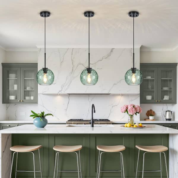 RayHome 1-Light Modern Mint Green Adjustable Pendant Light with Globe Hammered Glass Shade for Kitchen Island Bedroom