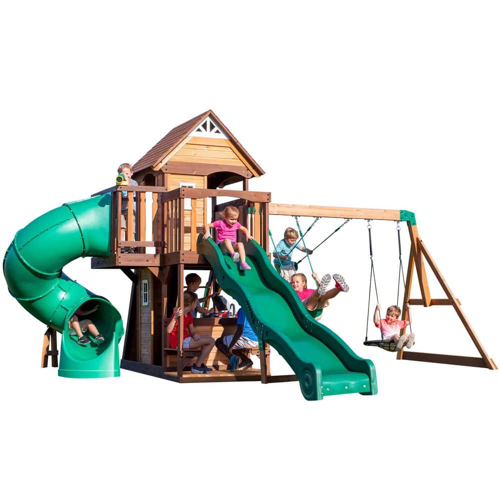 Cedar Cove Wooden Swing Set with Dual Slides and Swings