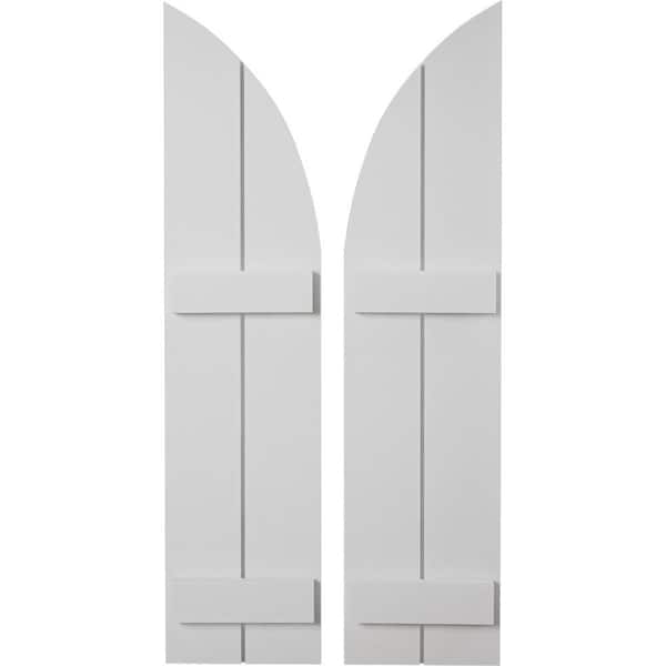 Ekena Millwork 11 in. x 62 in. Polyurethane Smooth 2-Board Joined Board-n-Batten Round Arch Top Shutters, Primed Tan