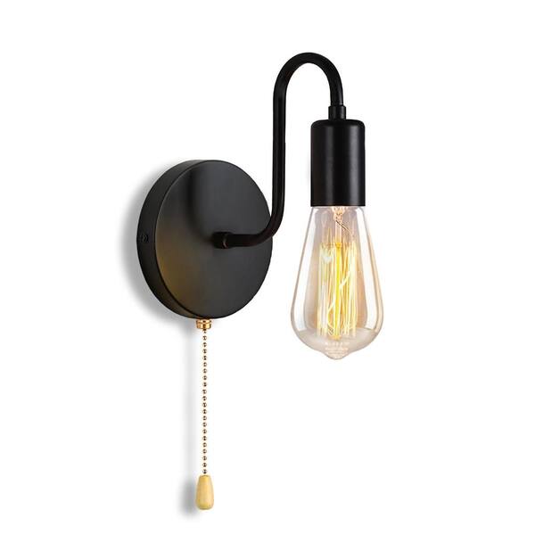 1-Light Pull Chain Wall Sconce, Hardwired Black Vintage Industrial Gooseneck with On/Off Switch, E26 Indoor
