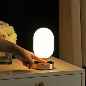 Eli 8 in. Nickel/White Modern Minimalist Iron Rechargeable Integrated LED Table Lamp