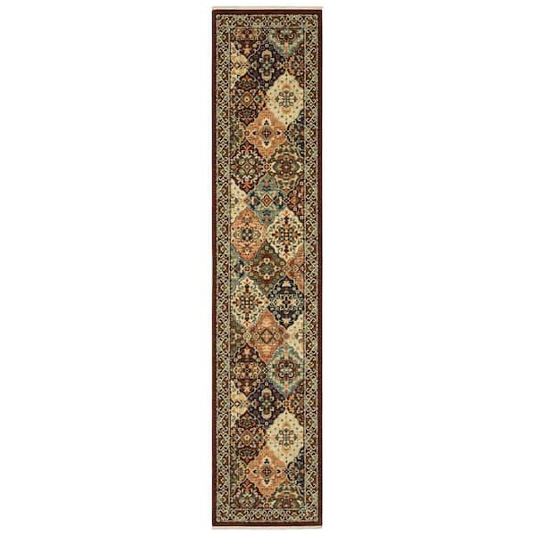 Lillian Red/Multi-Colored 2 ft. x 12 ft. Oriental Trefoil Wool/Nylon Blend Fringed-Edge Indoor Runner Area Rug