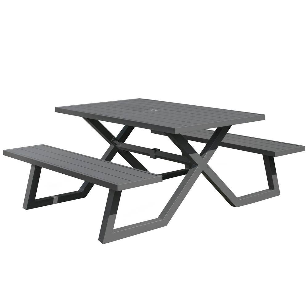 Charcoal aluminum metal rectangle outdoor picnic table with attached benches.