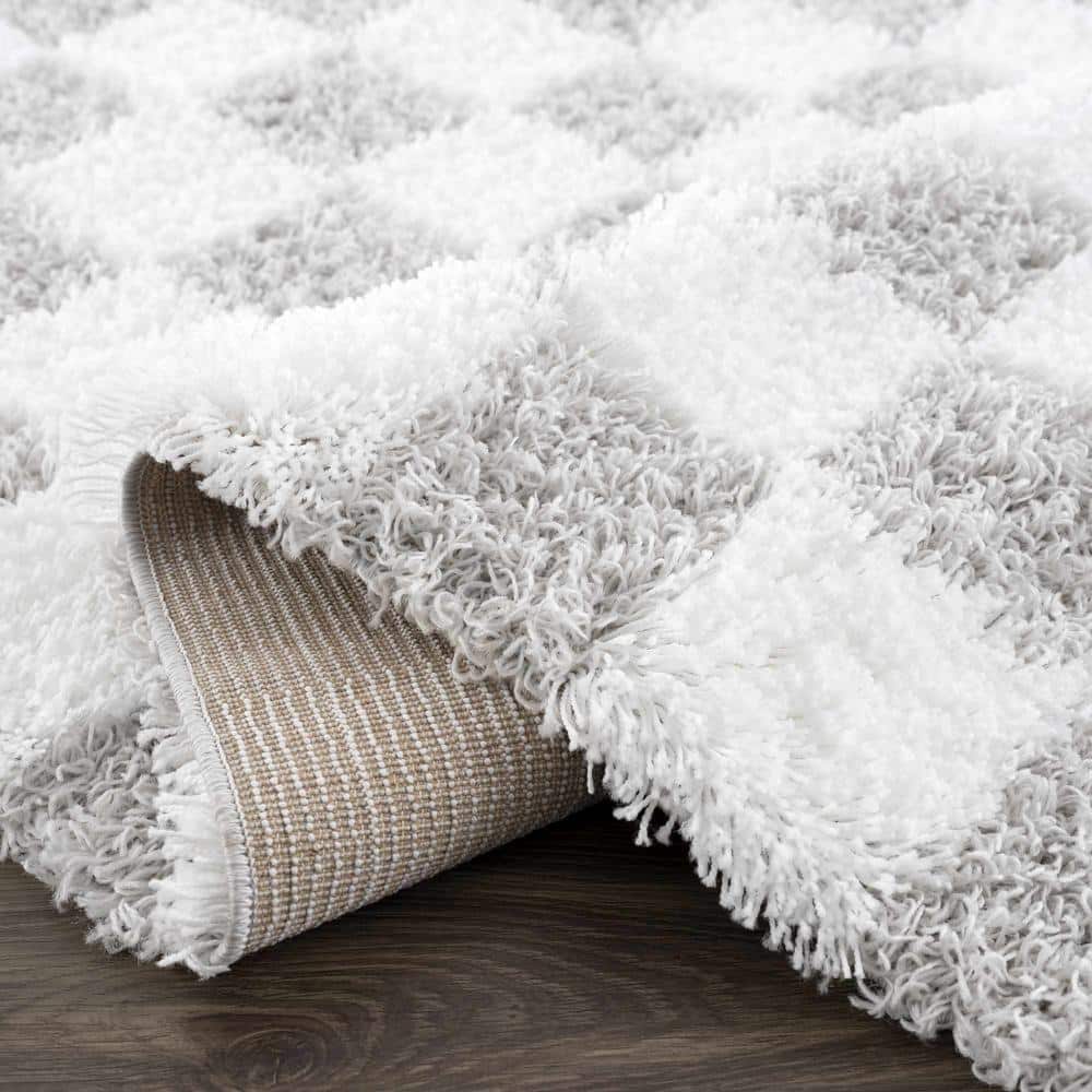 Atira Light Gray and Cream Checkered Shag Area Rug 5'3" x 7'3"