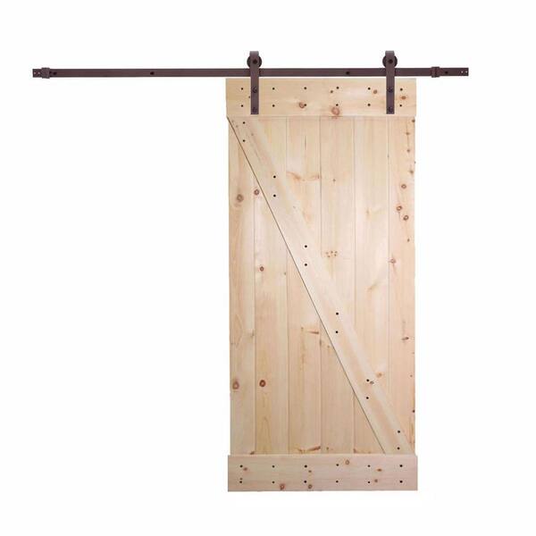 CALHOME 36 in. x 84 in. Unfinished Knotty Pine Wood Sliding Barn Door with Classic Bent Strap Bronze Hardware Kit