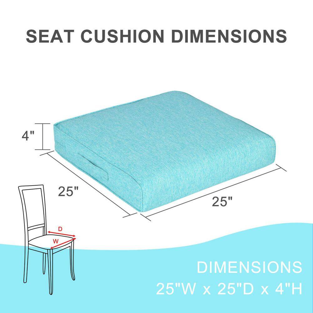 Dimensions of the seat cushion: 25"W x 25"D x 4"H.