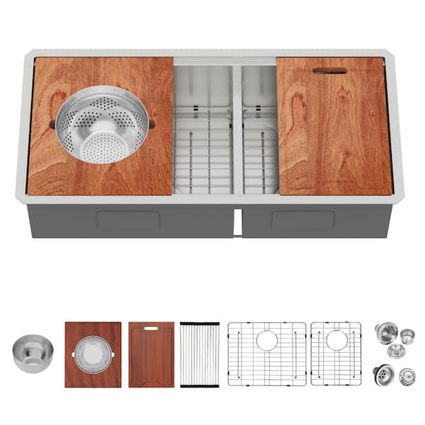 39 in. Gold Undermount Workstation Sink with Pasta Drainer and Mixing Bowl and Low Divide 60/40