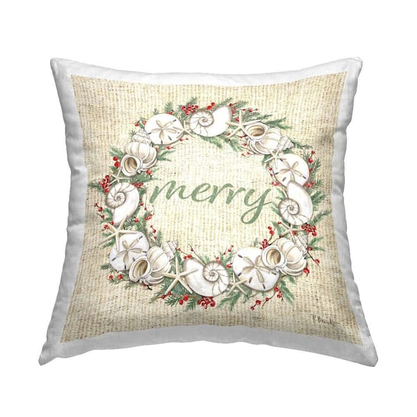Stupell Industries Shells & Holly Merry Beige Abstract Polyester 18 in. X 18in. Throw Pillow