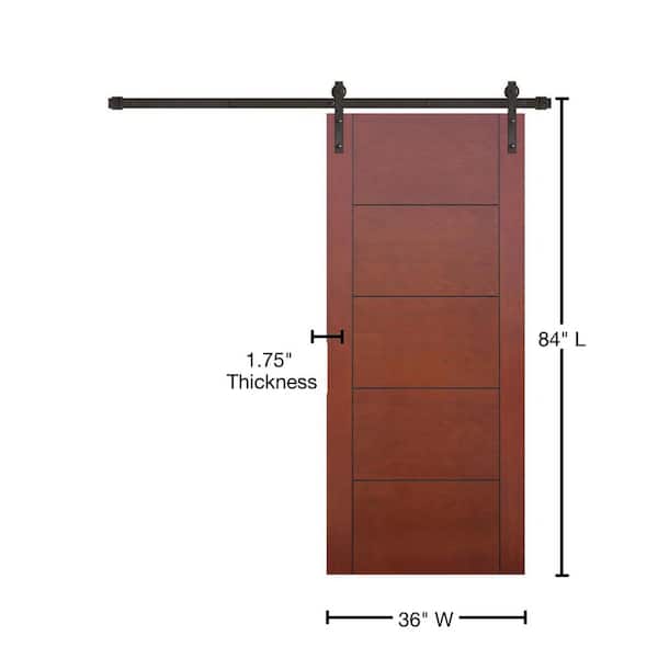 36 in. x 84 in. Contemporary Prefinished 5-Panel Flush Mahogany Wood Sliding Barn Door with Bronze Hardware Kit